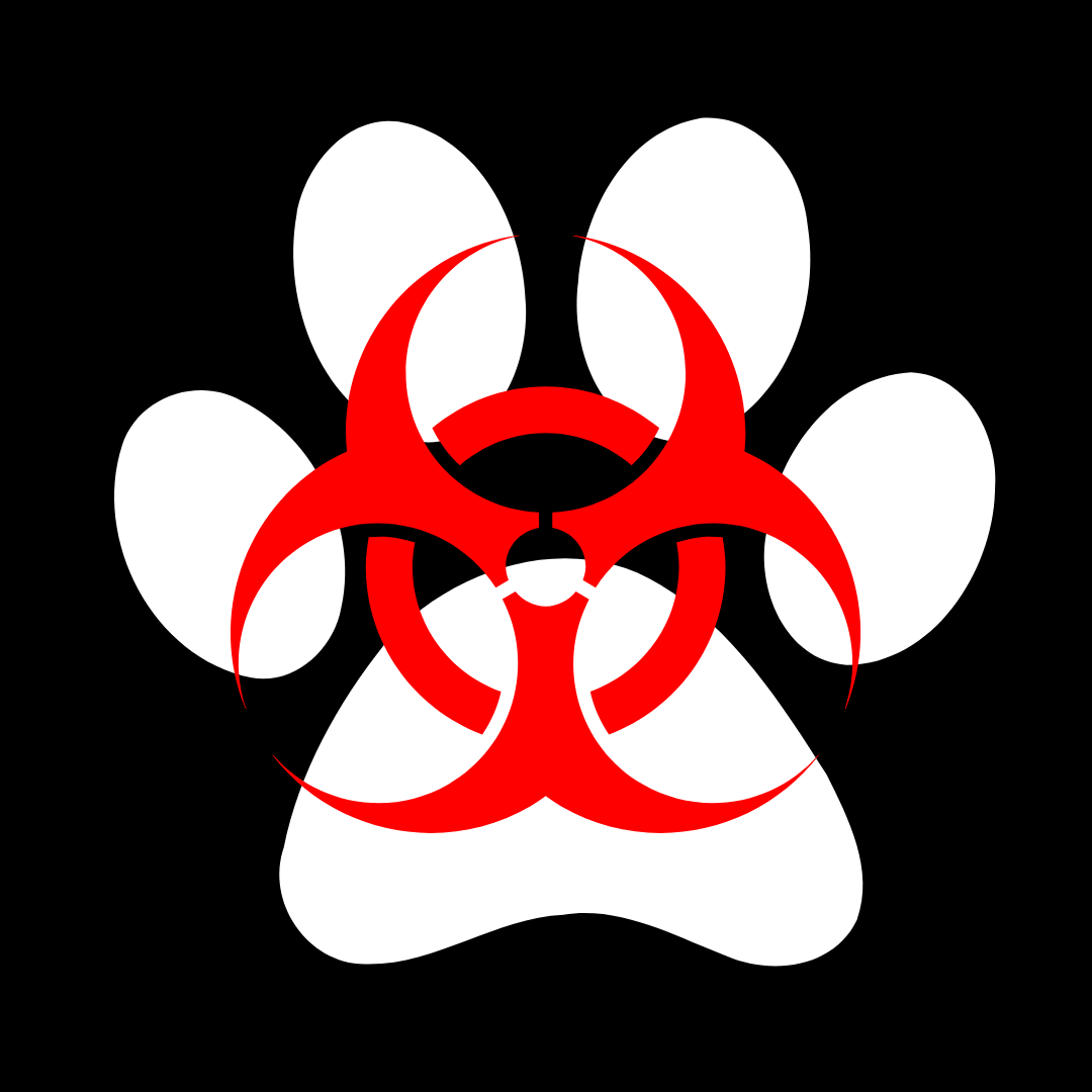 a white pawprint with a red biohazard symbol